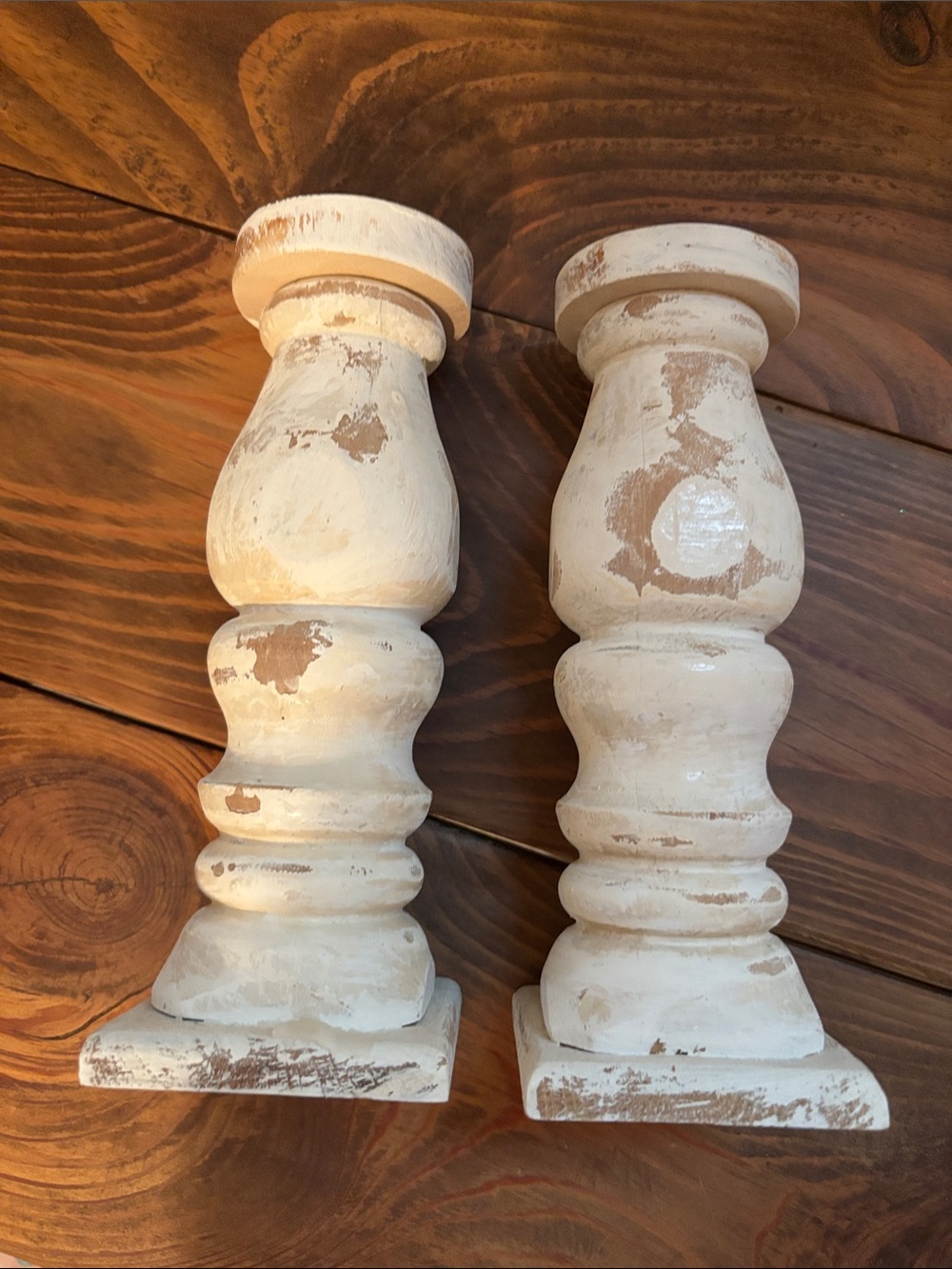 Rustic Distressed White Wood Candlestick Pair - Home Accents